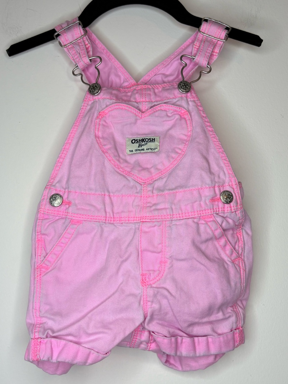 OshKosh B'gosh Pastel Pink Heart Short Summer Denim Overalls 12M